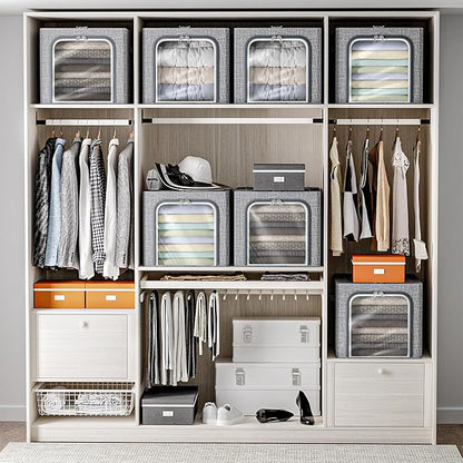 8 Pack Clothes Storage Bins with Metal Frame Foldable Clothing Storage Bins with Lids 49L Stackable Storage Box for Closet Fabric Organizer with Clear Window for Sweaters T-Shirts Bedding,Light Grey