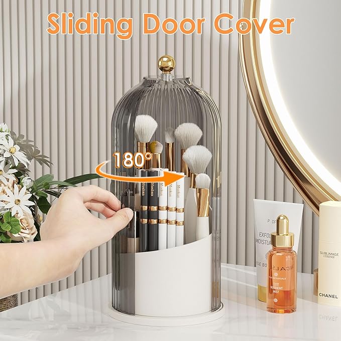 YOOLENS Makeup Brush Holder with Lid 360 Rotating Clear Dustproof Make Up Organizers for Vanity Bathroom Countertop, Gray