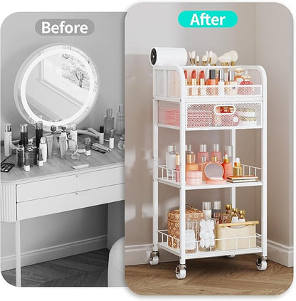 HapiRm Makeup Organizer Storage Cart - 4 Tier Skincare Make Up Storage with Drawer, Rolling Makeup Cart Vanity Organizer Cosmetics Display Cases Holder for Skin Care Perfume Nail Polish Brush