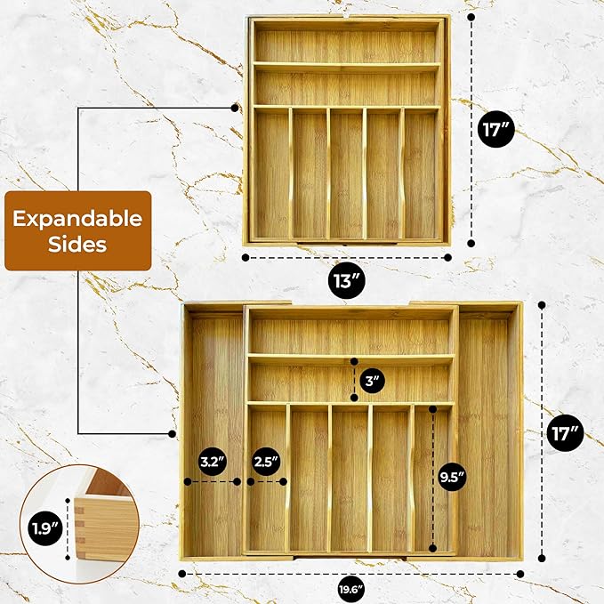 Bamboo Drawer Organizer | Expandable Silverware & Utensil Organizer for Kitchen | Flatware Cutlery Tray with Adjustable Dividers | Wooden Drawer for Knives, Spoons & Forks | Natural Bamboo