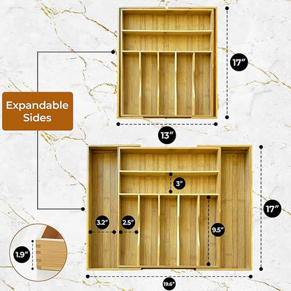 Bamboo Drawer Organizer | Expandable Silverware & Utensil Organizer for Kitchen | Flatware Cutlery Tray with Adjustable Dividers | Wooden Drawer for Knives, Spoons & Forks | Natural Bamboo