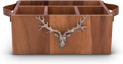 Vagabond House Caddy Rectangle Acacia Wood Flatware/Serve ware/Utensil/Carry-All Holder with Solid Pewter Rustic Elk Accent Real Leather Handles, 3 Small and 1 Larger Compartment 13 inch Long