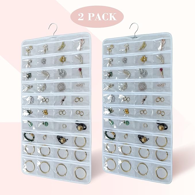 80 Pocket Hanging Jewelry Organizer with Hanger Metal Hooks Storage On Wall Door Closet Double-Sided(Each Side 40 Pockets) Jewelry Holder for Earrings, Necklaces, Rings (White+White)