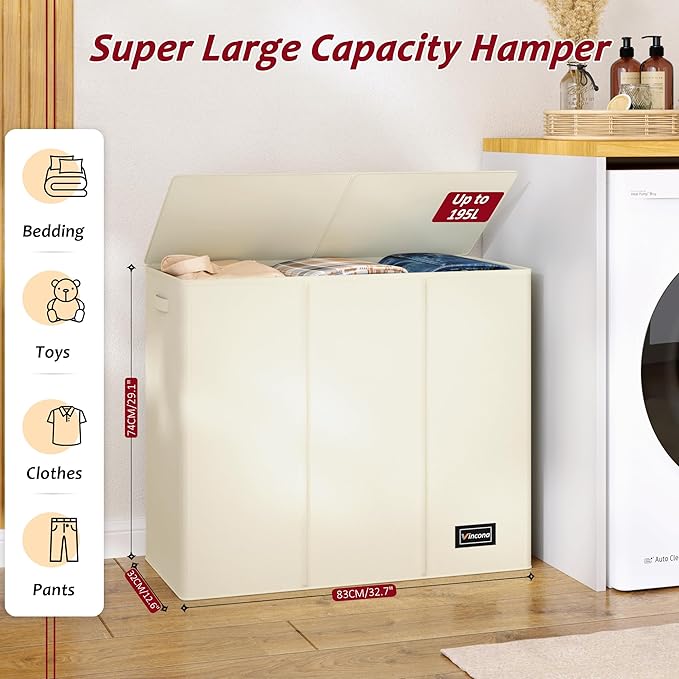195L Laundry Hamper 3 Section,Large Laundry Hamper with Lid,Dirty Clothes Hamper with 3 Inner Bags,Collapsible Laundry Basket Organizer for Laundry Room,Bedroom,Laundry Sorter Hamper 3 Compartment