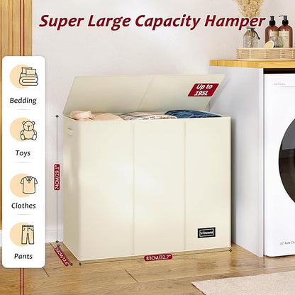 195L Laundry Hamper 3 Section,Large Laundry Hamper with Lid,Dirty Clothes Hamper with 3 Inner Bags,Collapsible Laundry Basket Organizer for Laundry Room,Bedroom,Laundry Sorter Hamper 3 Compartment