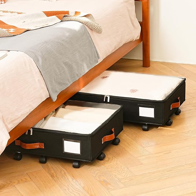 Freebat Under Bed Storage Organizer with Wheels, Underbed Container with Clear Lid Cover, Storage Bag Box with Visiable Window for Clothes, Bedsheet, Pillow, 2 Pack，5.5 inches