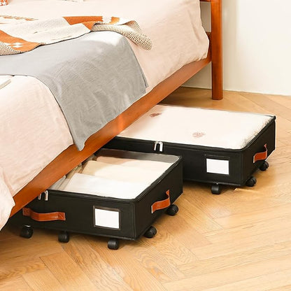 Freebat Under Bed Storage Organizer with Wheels, Underbed Container with Clear Lid Cover, Storage Bag Box with Visiable Window for Clothes, Bedsheet, Pillow, 2 Pack，5.5 inches