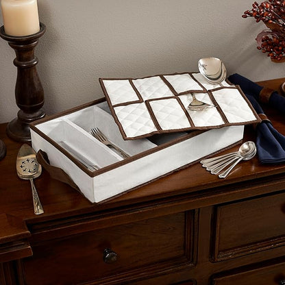 Household Essentials Cream Canvas Flatware Chest with Brown Trim