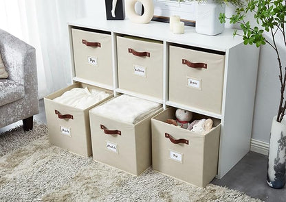 DECOMOMO Storage Bins, Cube Storage Bin with Labels, Fabric Storage Cubes for Shelves (10.5" x 11" / 6pcs, Beige)