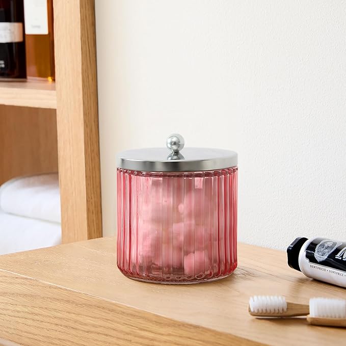KMwares 2-Pack Pink Glass Bathroom Canister Set with Silver Metal Lids – Stylish, Airtight Storage for Cotton Balls, Swabs, Pads, and Floss Picks