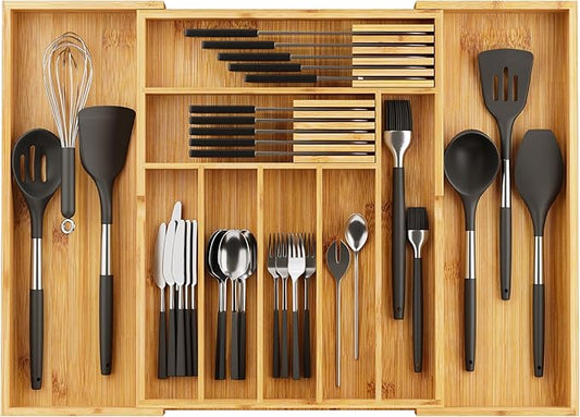 BAMEOS Bamboo Drawer Organizer Expandable Kitchen Silverware Organizer with 7-9 Deep Compartments, Bamboo Reinforced Cutlery Tray, Adjustable Utensil Holder for Kitchen(16.1"-22.4" Wide, Natural)