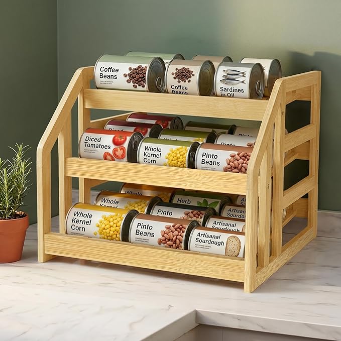 Bamboo Can Organizer for Pantry, 3 Tier Tilt Rack Holds 36 Cans, Adjustable Dividers, Sturdy Wood Soda Storage for Refrigerator, Spice Jar Holder, Cat Food Bin, Cabinet Countertop