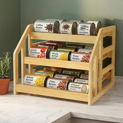 Bamboo Can Organizer for Pantry, 3 Tier Tilt Rack Holds 36 Cans, Adjustable Dividers, Sturdy Wood Soda Storage for Refrigerator, Spice Jar Holder, Cat Food Bin, Cabinet Countertop