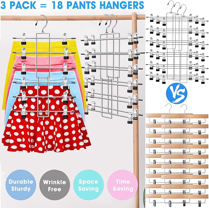 3 Pack Closet Organizers and Storage,6 Tiers Skirt Pants Hangers with Clips Space Saving for Home Organization and Storage,College Dorm Room Essentials for Girls Guys,Wardrobe Clothes Organizer