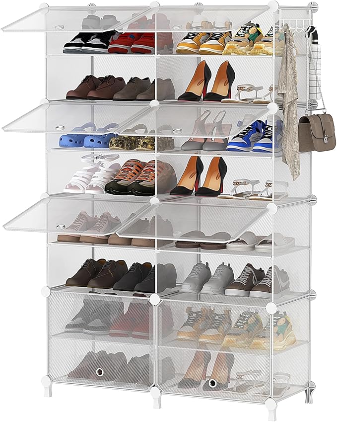 AWTATOS Shoe Rack, 8 Tier Shoe Storage Cabinet with Door, 32 Pair Shoe Organizer Shelves for Closet Hallway Bedroom Entryway, Transparent Twill