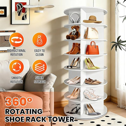 RUNSUNSPRI 7 Tier Rotating Shoe Rack Corner Organizer 360°Rotating Shoe Rack Tower Spinning Shoe Rack Tower for Bedroom Entryway Closet Holds 28-32 Pairs of Shoes Handbags Hats Display Decor