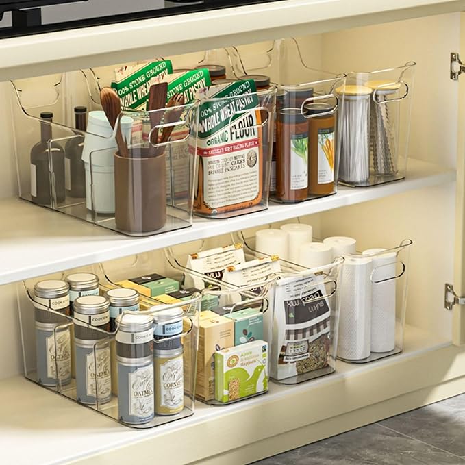 Tall Narrow Clear Bins with Dividers, Plastic Containers for Organizing Kitchens and Bathrooms - 14" L, 2 Pack