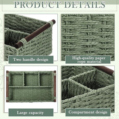 Remerry Sage Green Bathroom Countertop Organizer Caddy, Wicker-Like Divided Basket with Handle and Metal Frame, 4 Compartment, Paper Rope Storage Organizer for Vanity Kitchen (10.24 x 7.87 x 3.94 in)