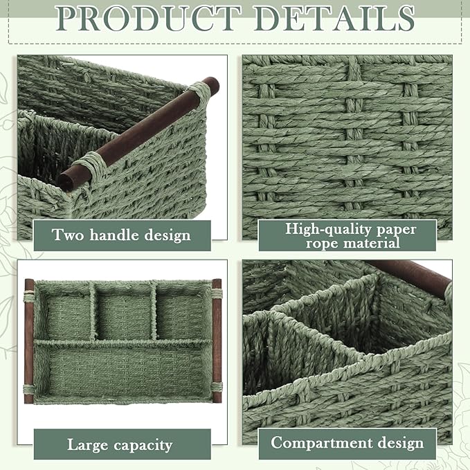 Remerry Sage Green Bathroom Countertop Organizer Caddy, Wicker-Like Divided Basket with Handle and Metal Frame, 4 Compartment, Paper Rope Storage Organizer for Vanity Kitchen (15.35 x 10.24 x 6.3 in)