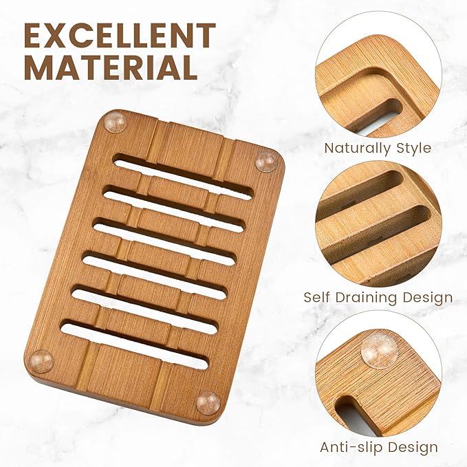 2PCS Self Draining Soap Holders, Rustic Slotted Bamboo Dish Tray, Easy Cleaning Wooden Soap Dish for Shower, Bathroom, Kitchen Sponges, Bath Tub, Packed in A Case (Acacia Style)