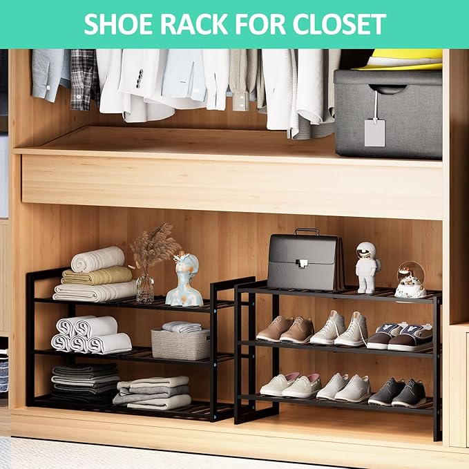 Jripae Bamboo Shoe Rack for Entryway, 27.5inch Stackable 3 Tier Shoe Organizer Shelf Storage 9-12 Pairs Shoes Stand Cubby for Closet Door Hallway Bedroom Garage Black, Thanksgiving