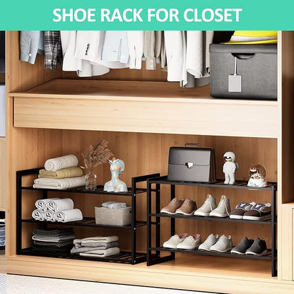 Jripae Bamboo Shoe Rack for Entryway, 27.5inch Stackable 3 Tier Shoe Organizer Shelf Storage 9-12 Pairs Shoes Stand Cubby for Closet Door Hallway Bedroom Garage Black, Thanksgiving