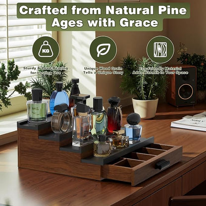 Perfume Cologne Organizer for Men: 4 Tier Wooden Perfumes Stand, Desktop Parfum Holder Wood Display Shelf with Cabinet, Bedroom Dresser Makeup Lotion Jewelry Storage Rack with Drawer