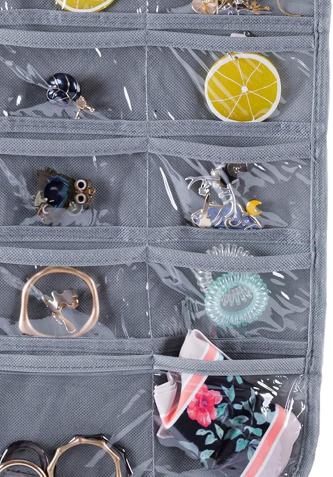 Bloss Hanging Jewelry Organizer, Earring Organizer Double Sided 80 Pocket Jewelry Chain Storage Bag 2 Layer of Fabric Jewelry Holder for Necklace Bracelet - Gray