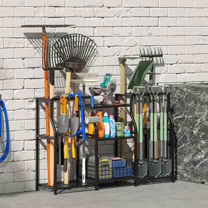 keomaisyto Garden Tool Organizer, Heavy Duty Yard Tool Tower Rack for Garage Organization and Storage, 3 Tier Utility Garden Tool Rack with hooks for Garden/Shed/Garage/Yard/Basement/Lawn