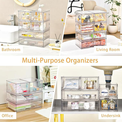 Stebopum 6 Pack Stackable Storage Drawers Clear Acrylic Organizer Makeup Bathroom Organizer and Storage Bins for Beauty Supplies,Ideal for Vanity, Bathroom,Pantry Organization