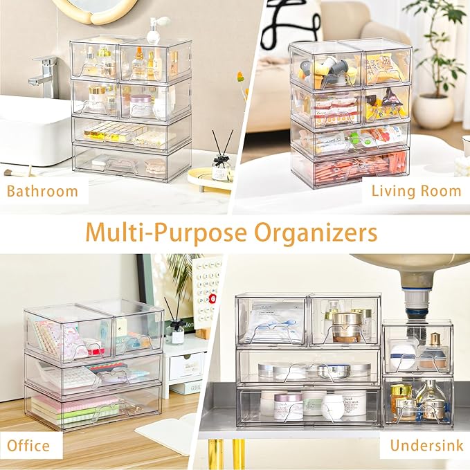Stebopum 4 Pack Stackable Storage Drawers Clear Acrylic Organizer Bathroom Makeup Organizer and Storage for Beauty Supplies,Ideal for Vanity, Bathroom,Cabinet,Pantry Organization