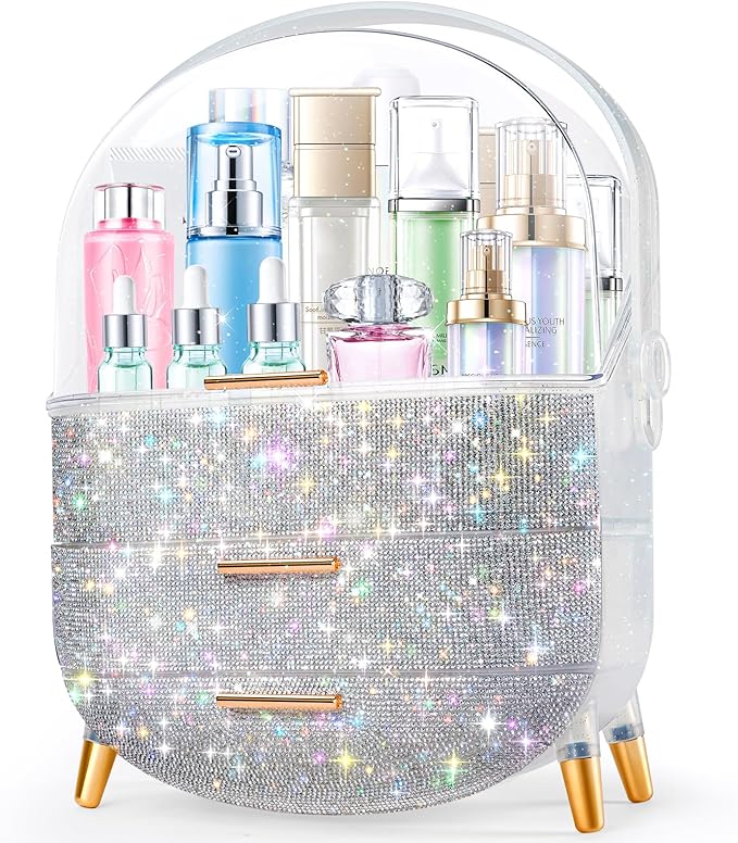 Ptesly Teen Girls Gift Makeup Organizer, Skincare & Jewelry Storage, Cosmetics Display Case, Makeup Holder, Bathroom Organizer (Bling Rhinestone)