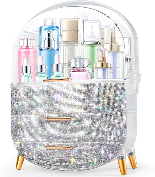 Ptesly Teen Girls Gift Makeup Organizer, Skincare & Jewelry Storage, Cosmetics Display Case, Makeup Holder, Bathroom Organizer (Bling Rhinestone)