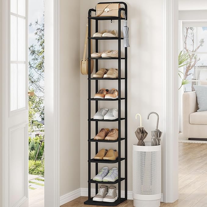 Hzuaneri Vertical Shoe Rack, Shoe Shelves, Wood Shoe Organizer for Closet, Entryway, Shoe Tower for Small Spaces, Free Standing, Adjustable, with 2 Hooks, 10 Tier Black SR11204B