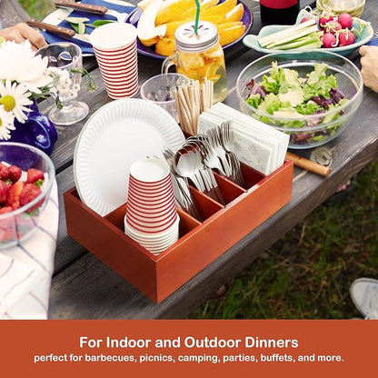 Utensil Holder for Party - Wooden Paper Plate and Utensil Caddy for Countertop - Silverware Caddy for Cup Fork Spoon Napkin - Cutlery Organizer for Kitchen Camping Buffet Picnic