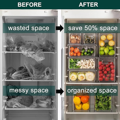 LALASTAR Fridge Drawers, 3-Pack Clear Stackable Pull Out Refrigerator Organizer Bins, Food Storage Containers for Kitchen, Freezer, Vanity & Fridge Organization and Storage (2 Small+1 Medium)