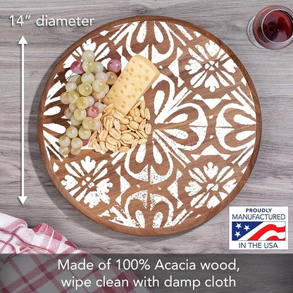 CounterArt Decorative Round Natural Wood Lazy Susan Turntable 14" Diameter Condiment Caddy, Cheese Server, Cake Plate, Spice Organization (White Tile Medallion)