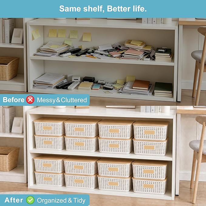 Bagnizer 4 Pack Plastic Storage Bins with Bamboo Lids, 6.2qt Stackable Storage Organizer Box with Lable for Pantry Shelves Drawers Desktop Office, 12"L x 8.3"W x 3.5"H, Cream White