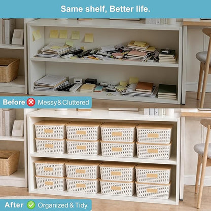 Bagnizer 4 Pack Plastic Storage Bins with Bamboo Lids, 6.2qt Stackable Storage Organizer Box with Lable for Pantry Shelves Drawers Desktop Office, 12"L x 8.3"W x 3.5"H, Cream White