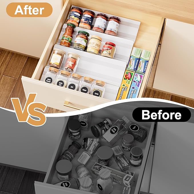 Spice Drawer Organizer 4 Tier, Adjustable White Kitchen Seasoning Rack Tray (13" to 26"), with Anti-Slip Mat, for Cabinet Countertop (Jars Not Included)-White
