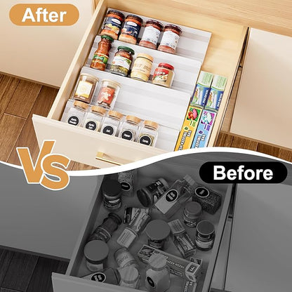 Spice Drawer Organizer 4 Tier, Adjustable White Kitchen Seasoning Rack Tray (13" to 26"), with Anti-Slip Mat, for Cabinet Countertop (Jars Not Included)-White