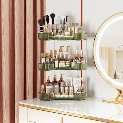 Asayuee 3-Tier Corner Bathroom Counter Organizer with Top Toothbrush Holders,Large Makeup Organizer Countertop with Brush Holder,Skincare Organizers Corner,Exquisite Vanity Organizer (Green, 3 Tier)