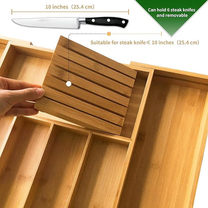VaeFae Bamboo Silverware Drawer Organizer Kitchen, Expandable Utensil Organizer with Knife Block, Cutlery Tray with Divider, Multifunctional Drawer Organizer