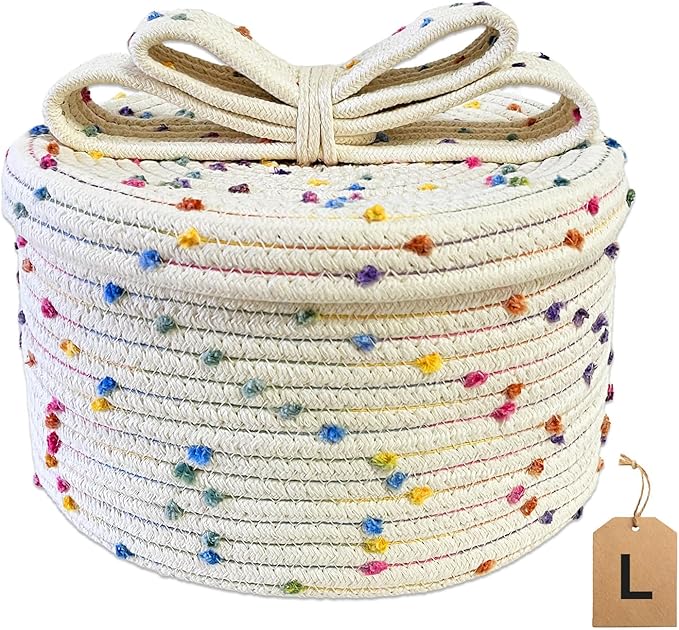 Small Woven Basket with Lid, Round Rope Storage Basket with Lid, Cute Storage Box for Small Toy, Gift or Home Decor, Rainbow Pom-pom & Cute Bow Handle (rainbow, L)