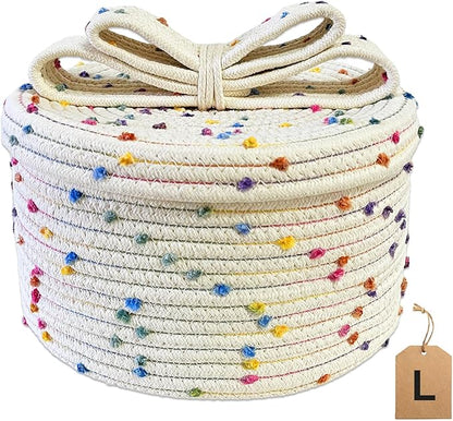 Small Woven Basket with Lid, Round Rope Storage Basket with Lid, Cute Storage Box for Small Toy, Gift or Home Decor, Rainbow Pom-pom & Cute Bow Handle (rainbow, L)