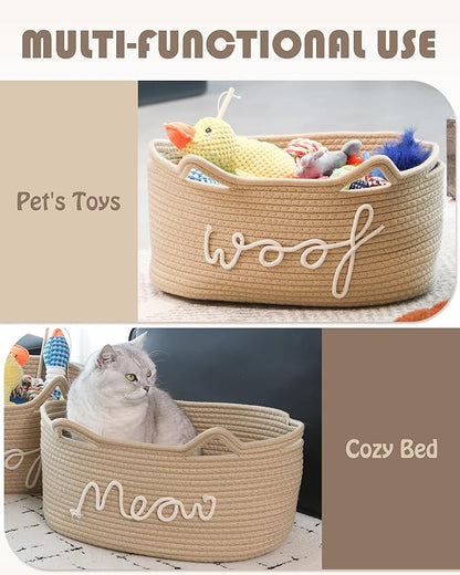 Sea Team Dog Toy Basket with Handles, 16.5 x 11 x 7 Inches, 4.4 Gallons Large Cotton Rope Storage Bin, Box, Shelf Organizer for Pet Chew Toys, Foods, Beige Woof