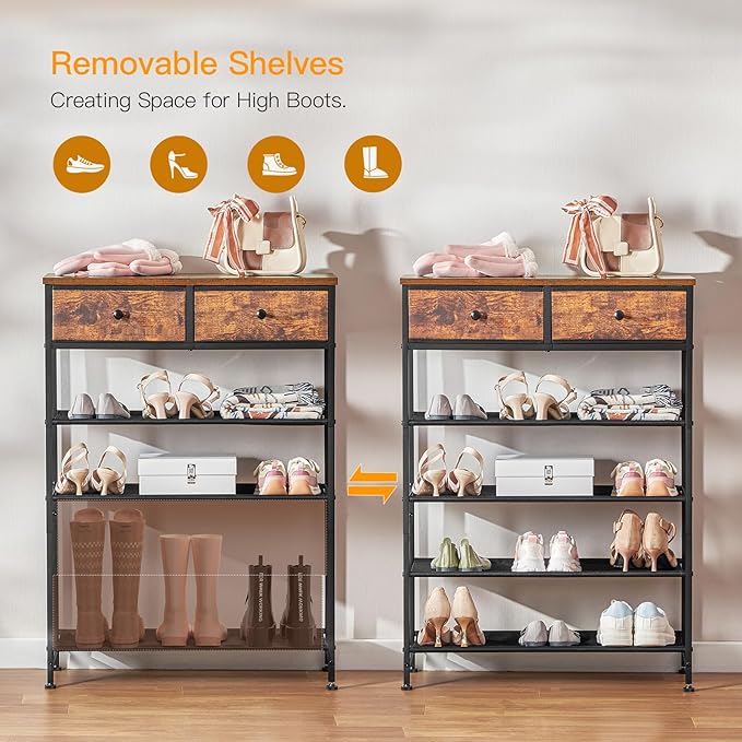 usikey Shoe Rack, 5 Tier Shoe Storage Organizer with 2 Drawers, Metal Shoe Shelf for 12-16 Pairs of Shoes, with 4 Oxford Fabric Shelves and Wooden Top, Shoe Stand for Closet Entryway, Rustic Brown
