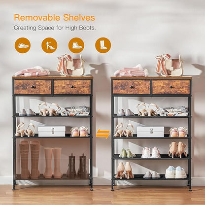 usikey Shoe Rack, 5 Tier Shoe Storage Organizer with 2 Drawers, Metal Shoe Shelf for 12-16 Pairs of Shoes, with 4 Oxford Fabric Shelves and Wooden Top, Shoe Stand for Closet Entryway, Rustic Brown