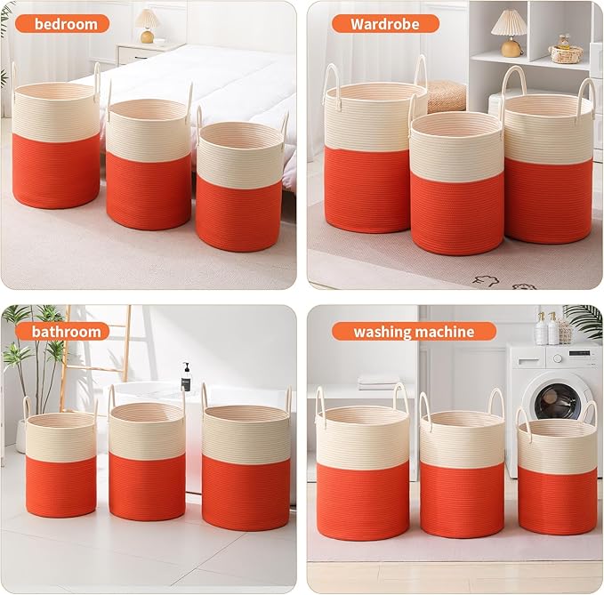 Woven Laundry Hamper Tall Rope Storage Basket for Blanket oys Dirty Clothes in Living Room Bathroom Bedroom (White&Orange, 60L/15.8Gal)