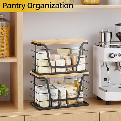ALOCEO 2 Pack Storage Stackable Kitchen Laundry Organizers with Bamboo Top, Large Trash Bag Holder and Small Garbage Bag Dispenser for Countertop Organization